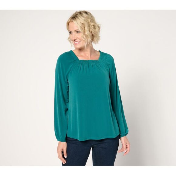 Denim & Co. Women's Top Sz XL Signature Pleated Square Neck Knit Green A673269 - Picture 1 of 4